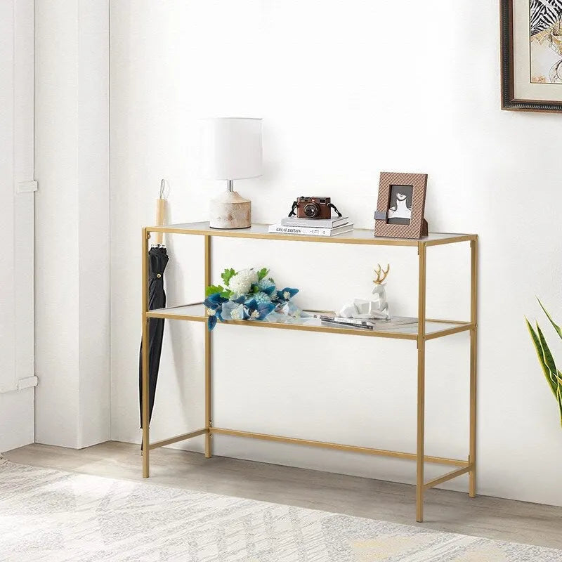 Console en métal doré, plateau en verre, 1 personne, 100 cm