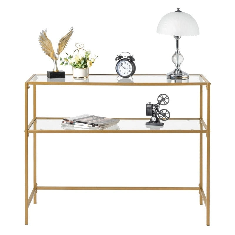 Console en métal doré, plateau en verre, 1 personne, 100 cm