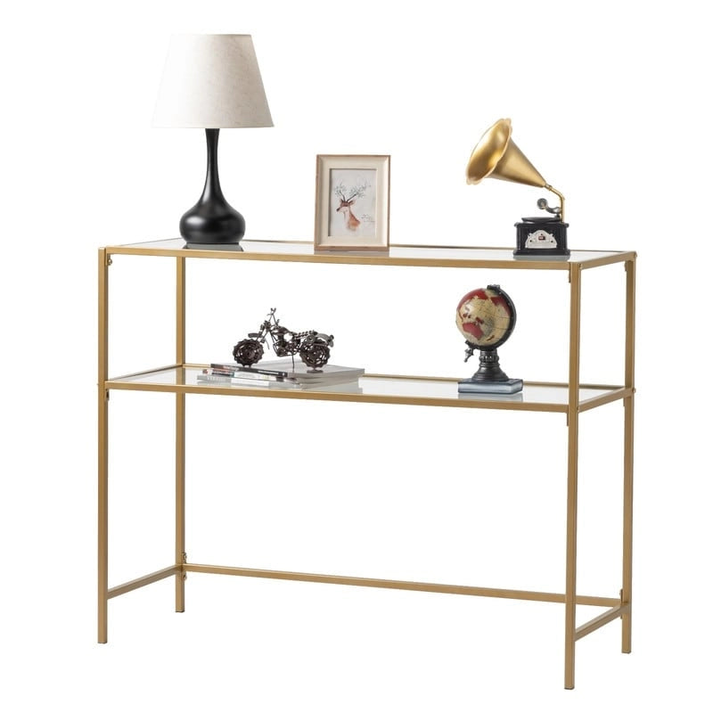 Console en métal doré, plateau en verre, 1 personne, 100 cm