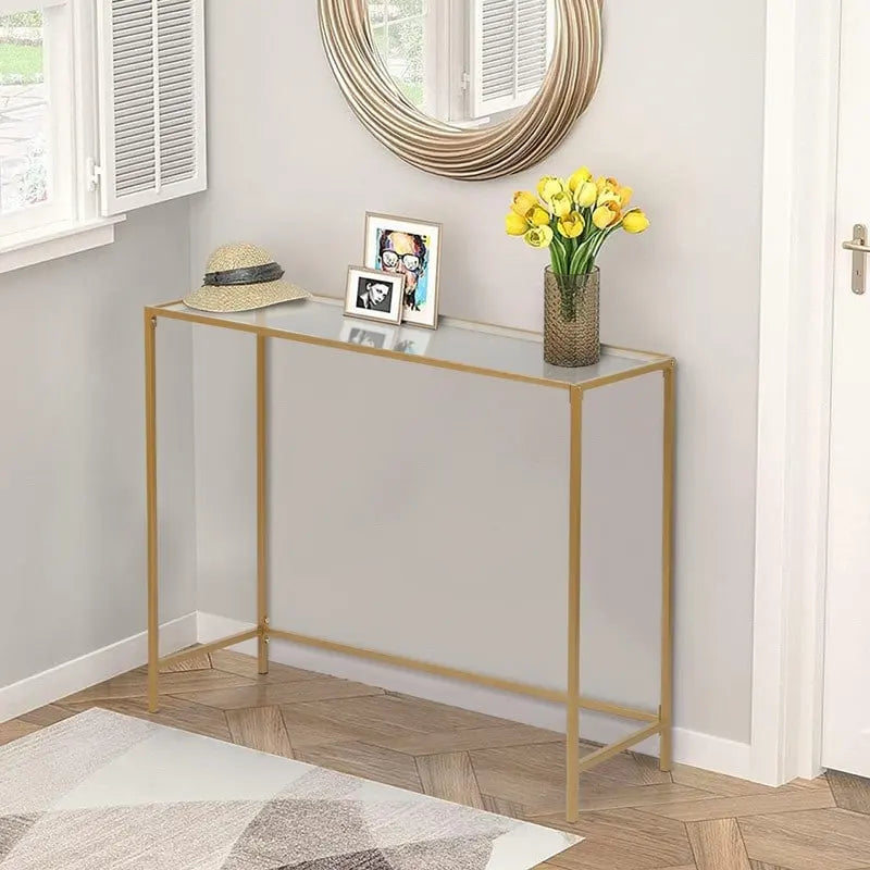 Console en métal doré, plateau en verre, 1 personne, 100 cm