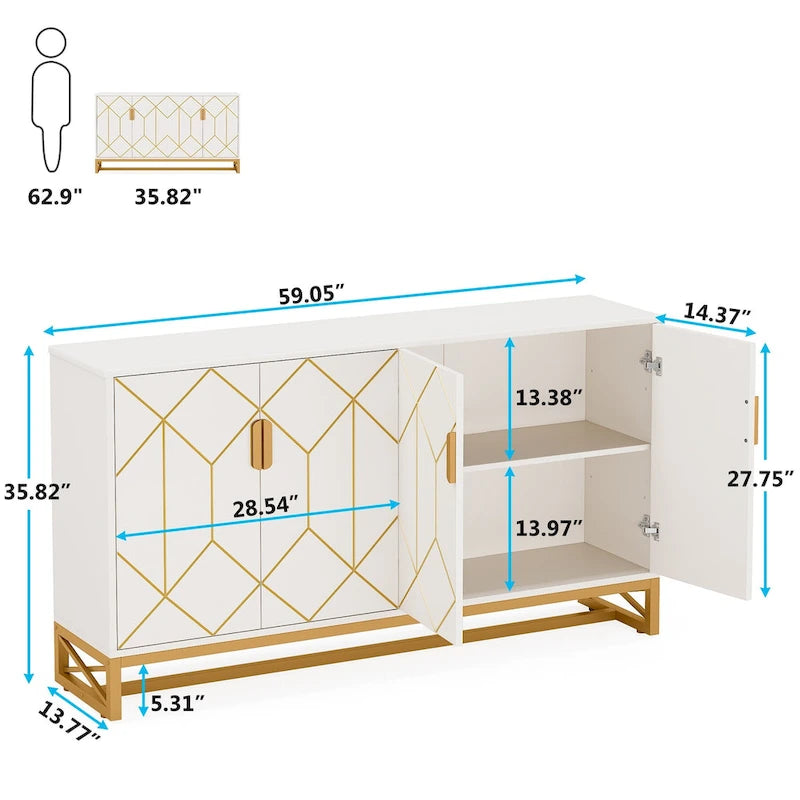 Buffet 4 portes blanc et doré – Style moderne, 1 pièce