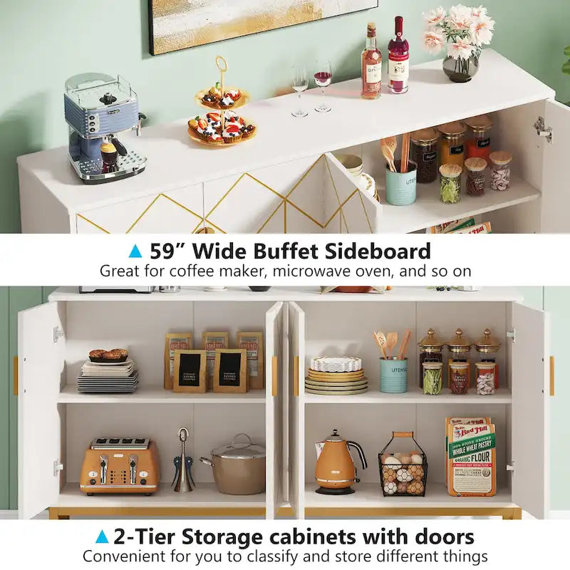 Buffet 4 portes blanc et doré – Style moderne, 1 pièce