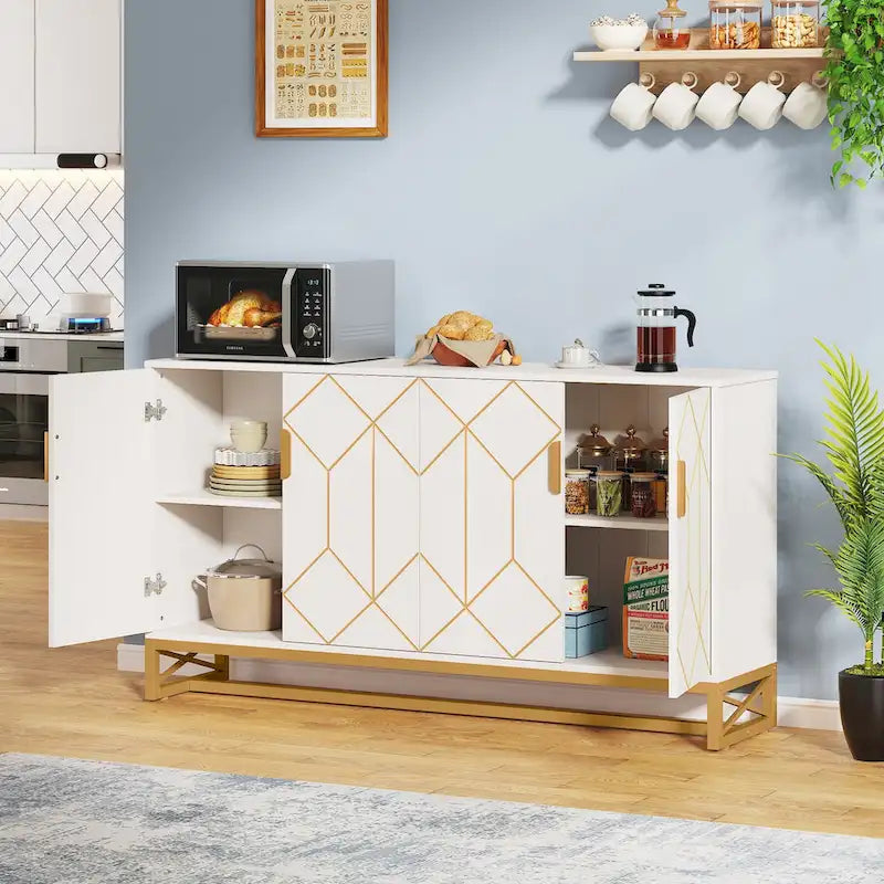 Buffet 4 portes blanc et doré – Style moderne, 1 pièce