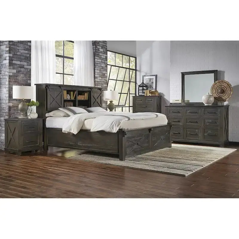 Ensemble de chambre à coucher 4 pièces avec rangement en bois massif anthracite et graphite – Grand lit/Très grand lit