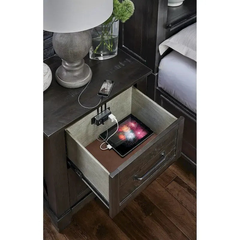 Ensemble de chambre à coucher 4 pièces avec rangement en bois massif anthracite et graphite – Grand lit/Très grand lit