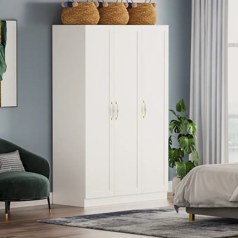 47.2 W Armoire with Three Doors ,Two Clothes Rod ,Golden Floral Handle