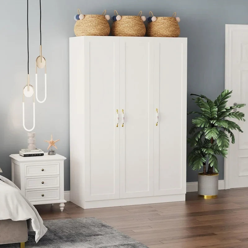 Armoire 3 portes blanche avec 2 tringles et poignée florale, 1 personne