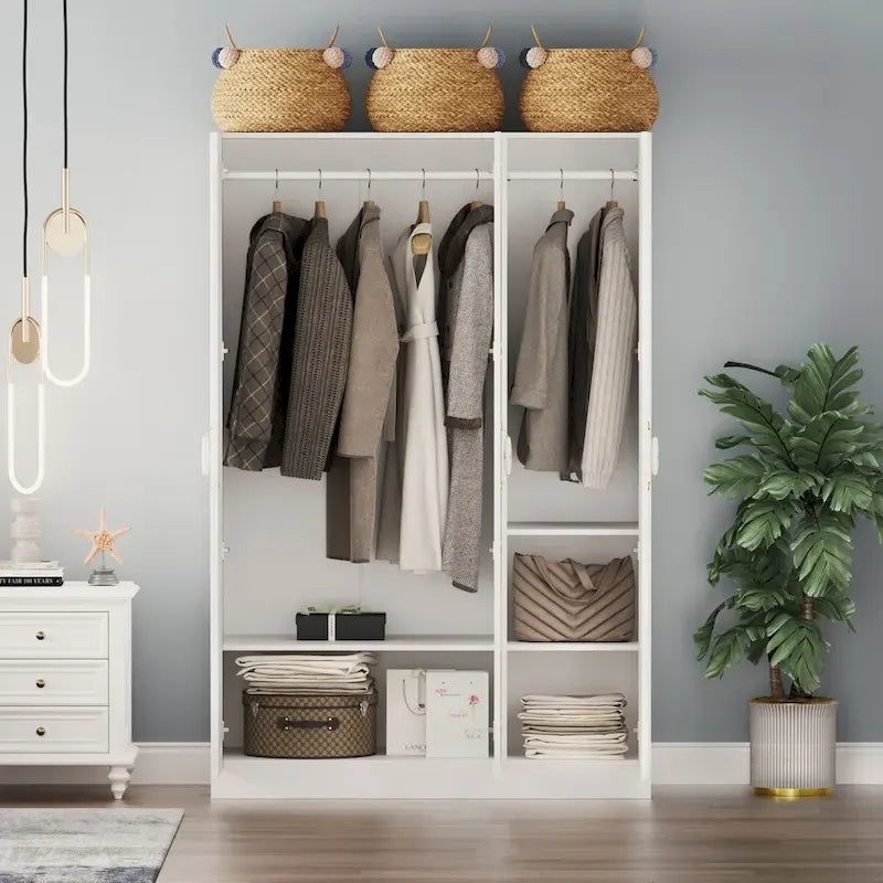 Armoire 3 portes blanche avec 2 tringles et poignée florale, 1 personne