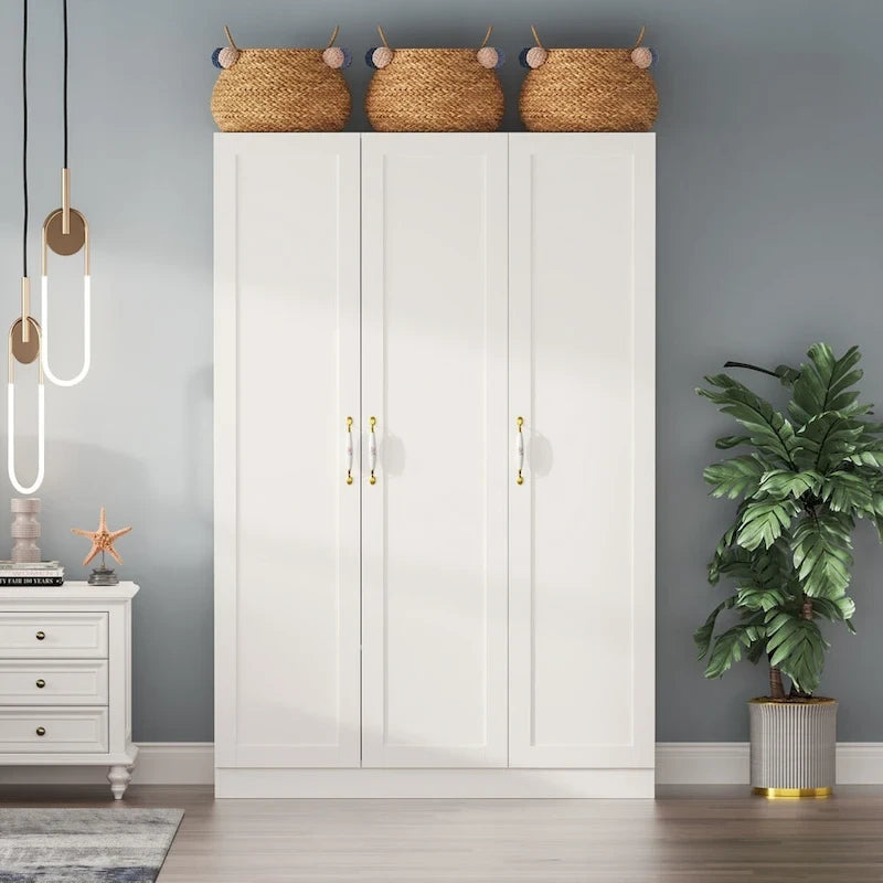 Armoire 3 portes blanche avec 2 tringles et poignée florale, 1 personne