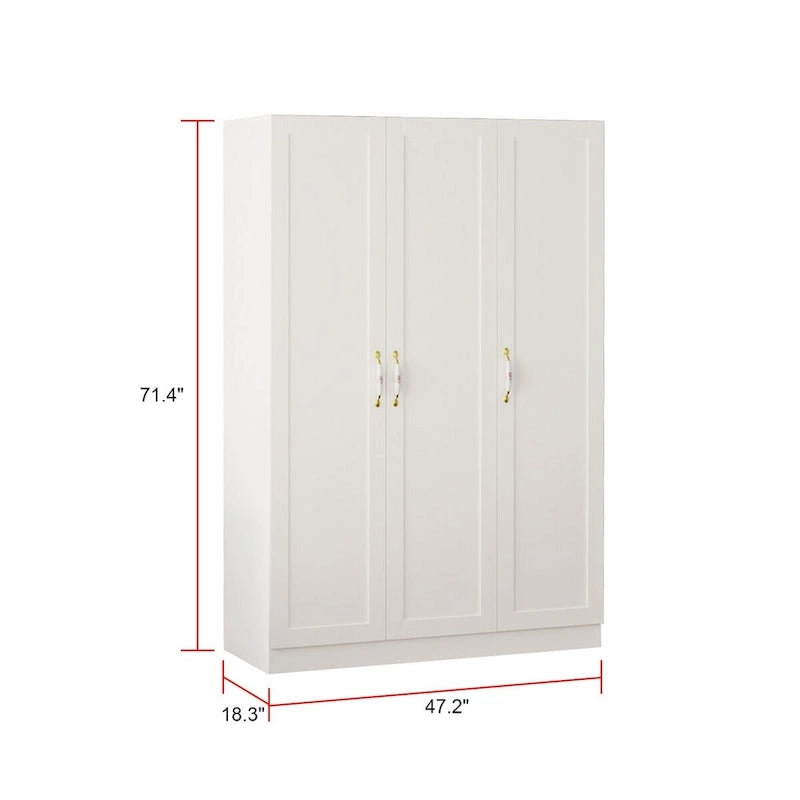 Armoire 3 portes blanche avec 2 tringles et poignée florale, 1 personne