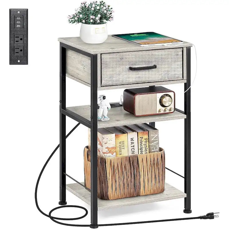 Table de chevet à 3 niveaux avec station de charge – Blanc / Noir / Chêne / Marron / Gris, Simple