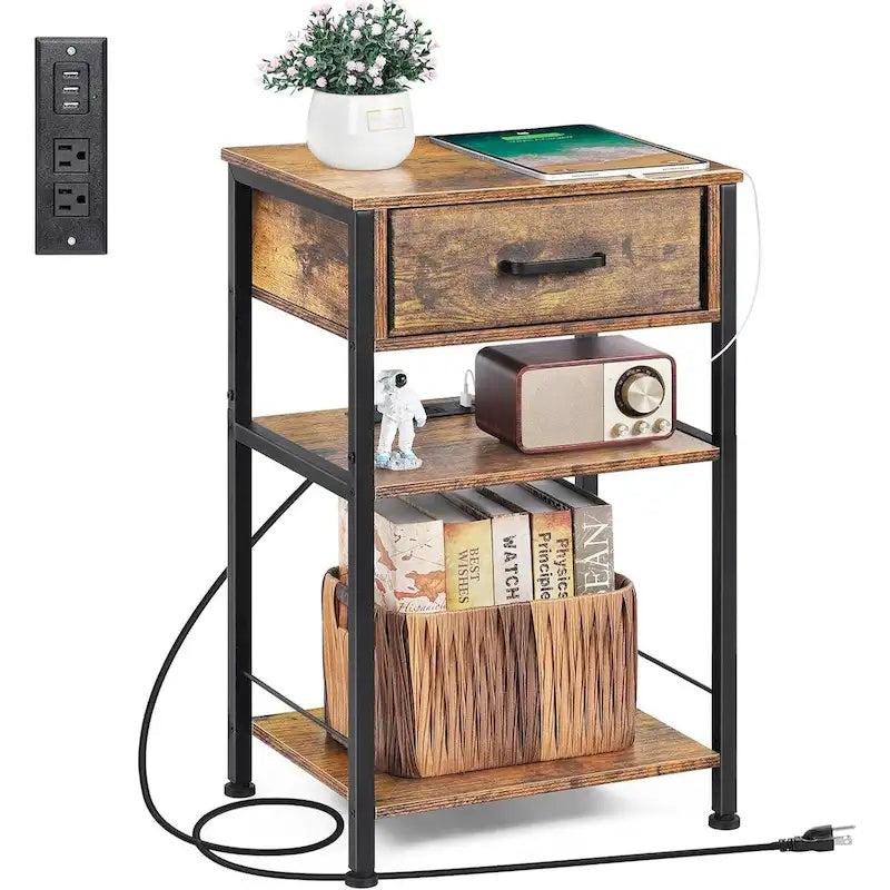 Table de chevet à 3 niveaux avec station de charge – Blanc / Noir / Chêne / Marron / Gris, Simple