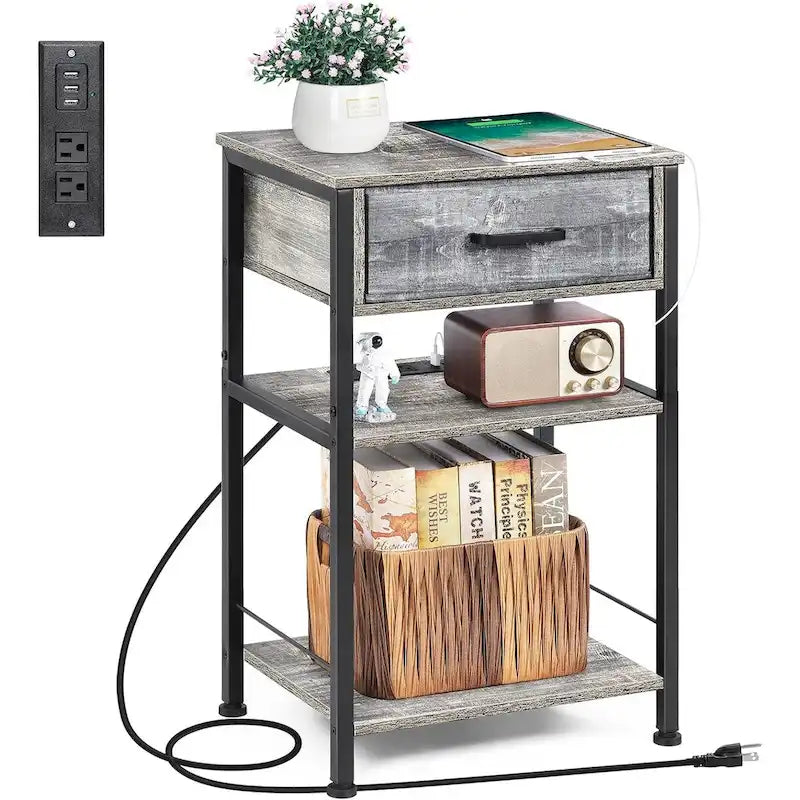 Table de chevet à 3 niveaux avec station de charge – Blanc / Noir / Chêne / Marron / Gris, Simple