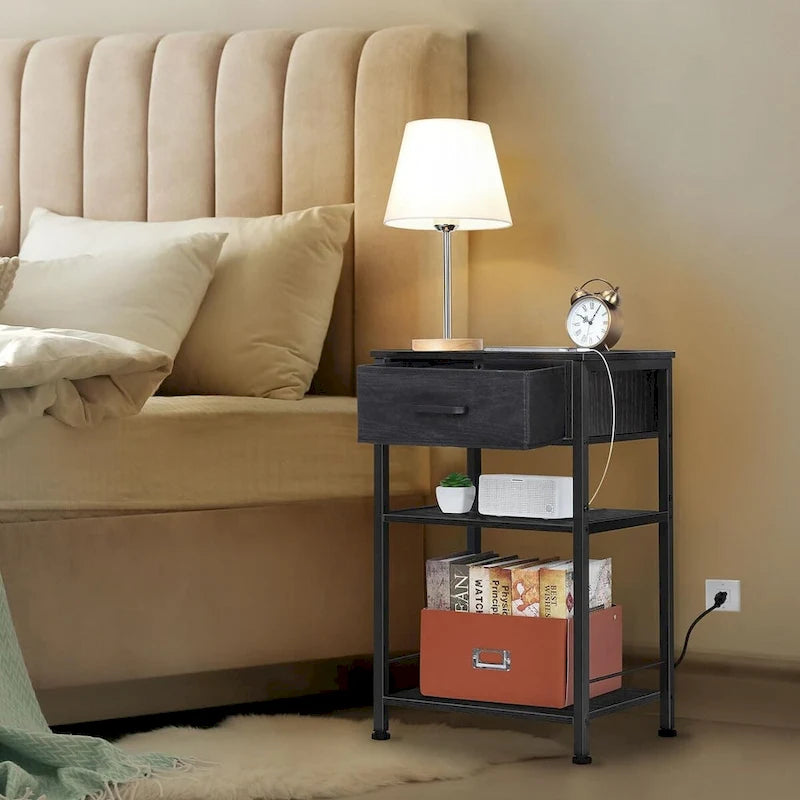 Table de chevet à 3 niveaux avec station de charge – Blanc / Noir / Chêne / Marron / Gris, Simple