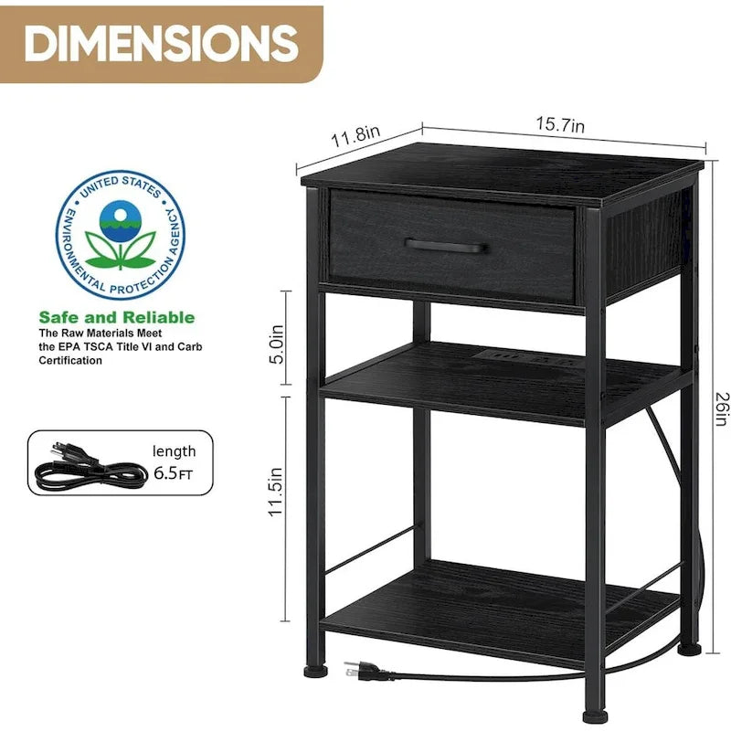 Table de chevet à 3 niveaux avec station de charge – Blanc / Noir / Chêne / Marron / Gris, Simple