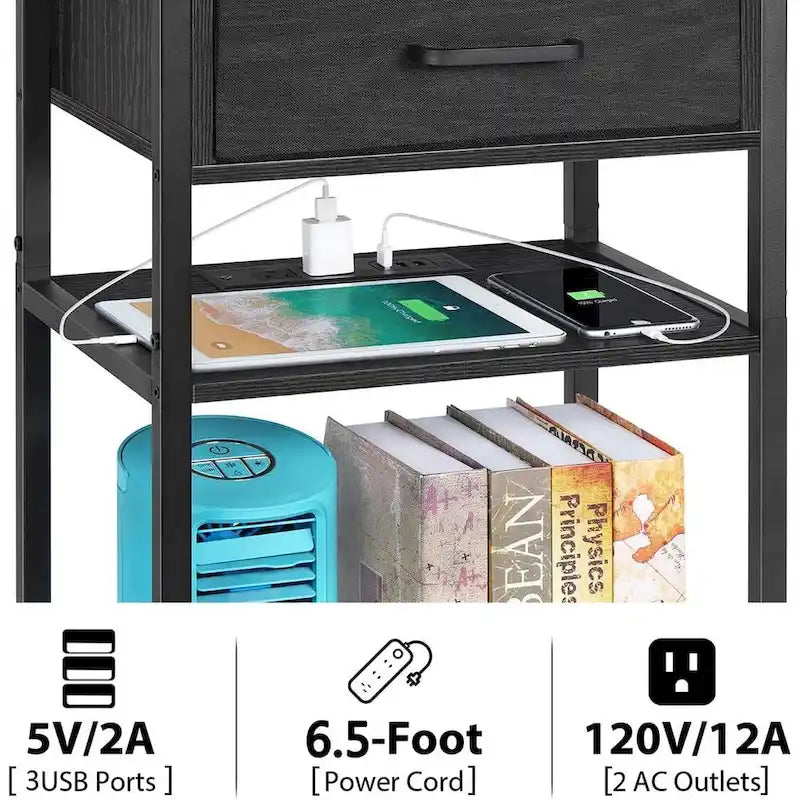 Table de chevet à 3 niveaux avec station de charge – Blanc / Noir / Chêne / Marron / Gris, Simple
