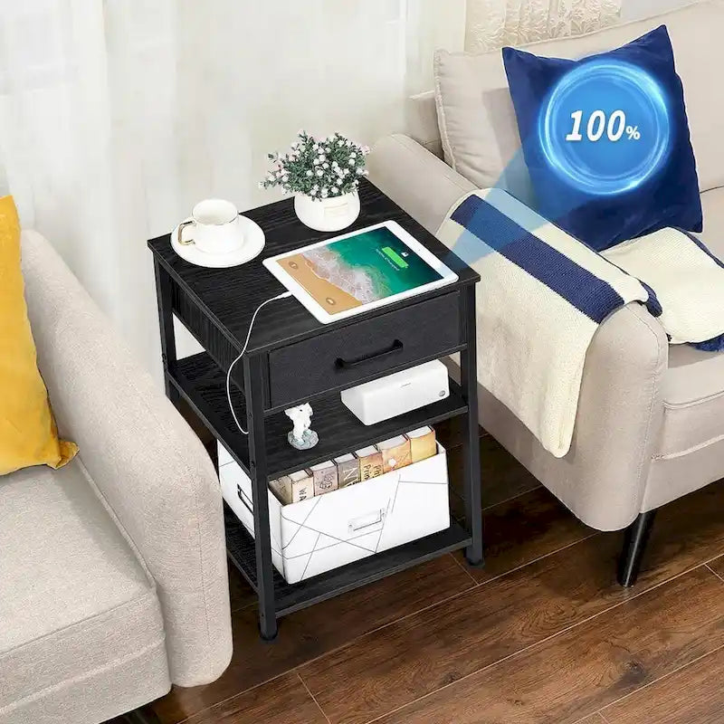 Table de chevet à 3 niveaux avec station de charge – Blanc / Noir / Chêne / Marron / Gris, Simple