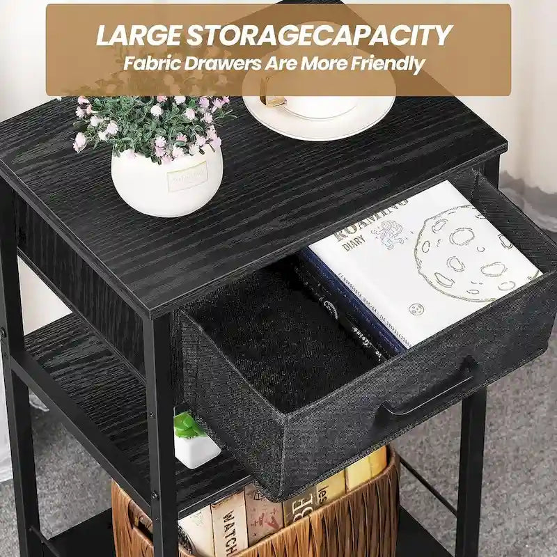 Table de chevet à 3 niveaux avec station de charge – Blanc / Noir / Chêne / Marron / Gris, Simple