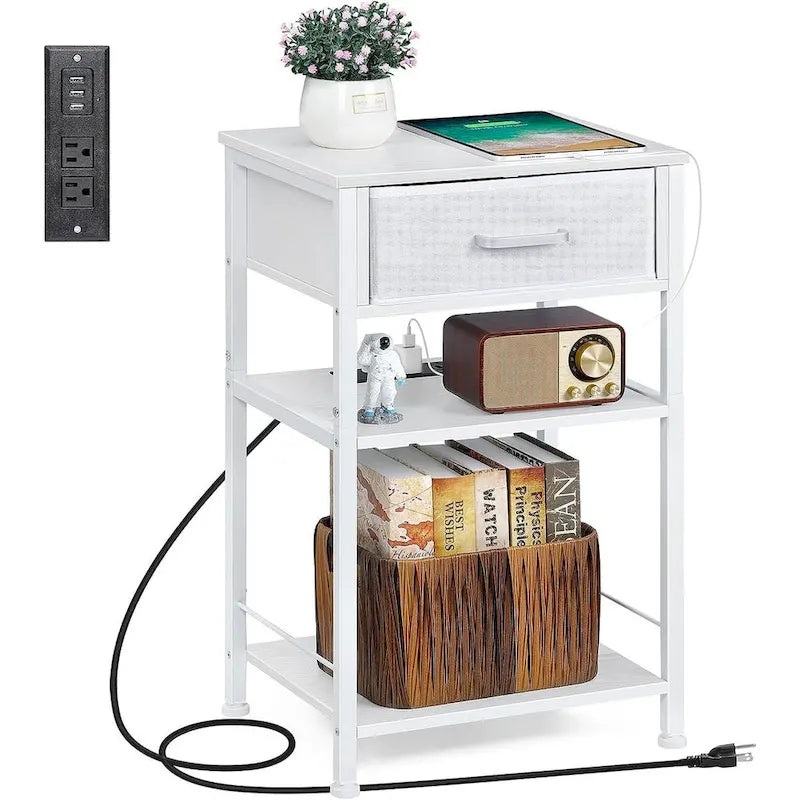 Table de chevet à 3 niveaux avec station de charge – Blanc / Noir / Chêne / Marron / Gris, Simple