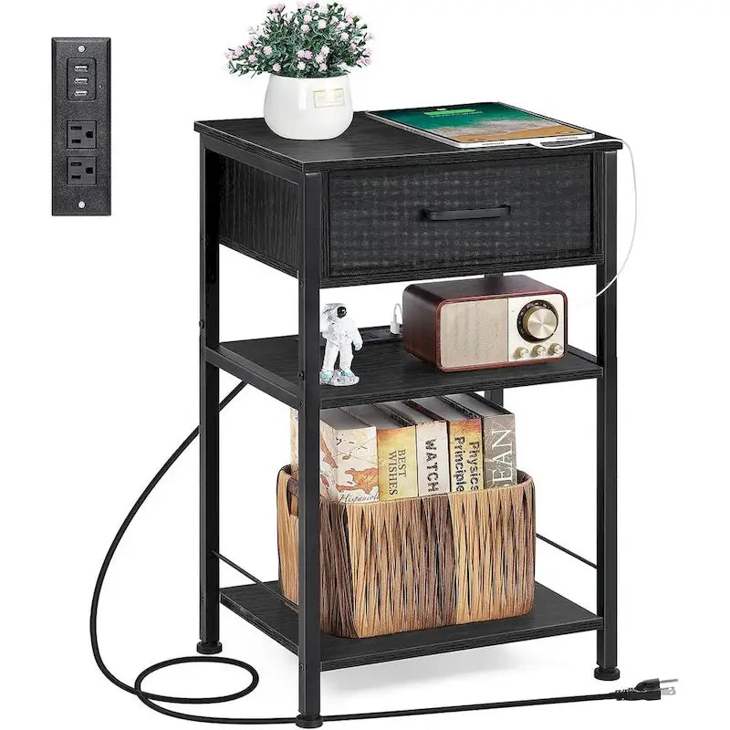 Table de chevet à 3 niveaux avec station de charge – Blanc / Noir / Chêne / Marron / Gris, Simple