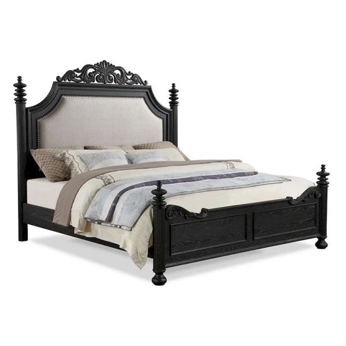 Lit King Size Noir et Crème, Tête de Lit Volutée, 1 Personne