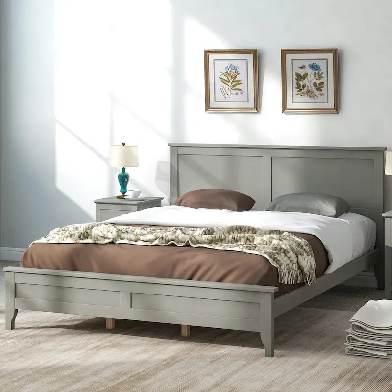 Lit plateforme queen gris/blanc avec tête de lit, pour 1 à 2 personnes