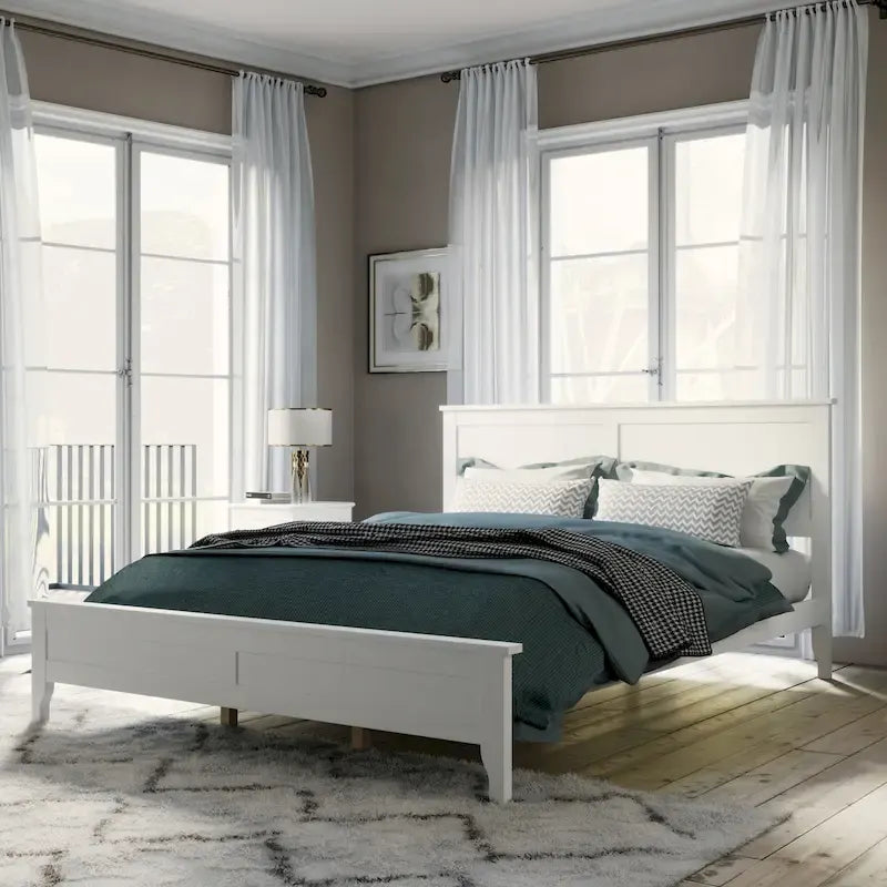 Lit plateforme queen gris/blanc avec tête de lit, pour 1 à 2 personnes