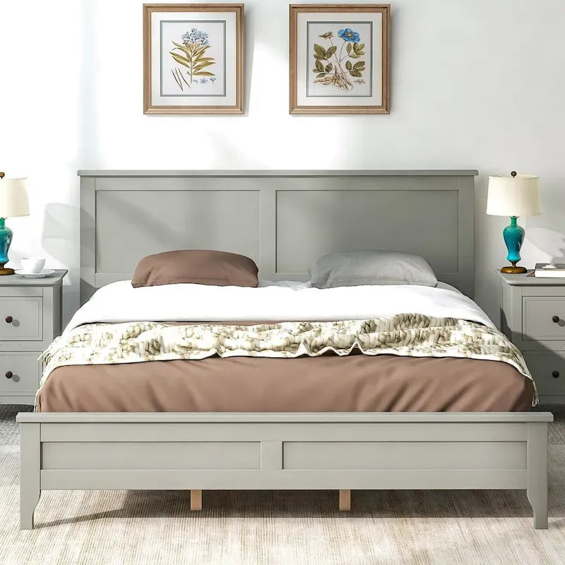 Lit plateforme queen gris/blanc avec tête de lit, pour 1 à 2 personnes