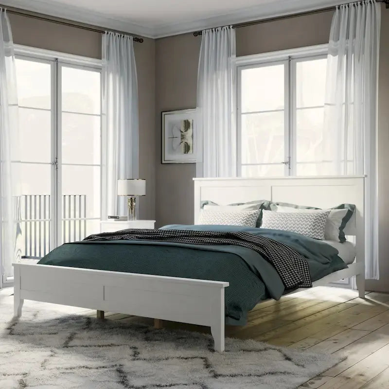 Lit plateforme queen gris/blanc avec tête de lit, pour 1 à 2 personnes