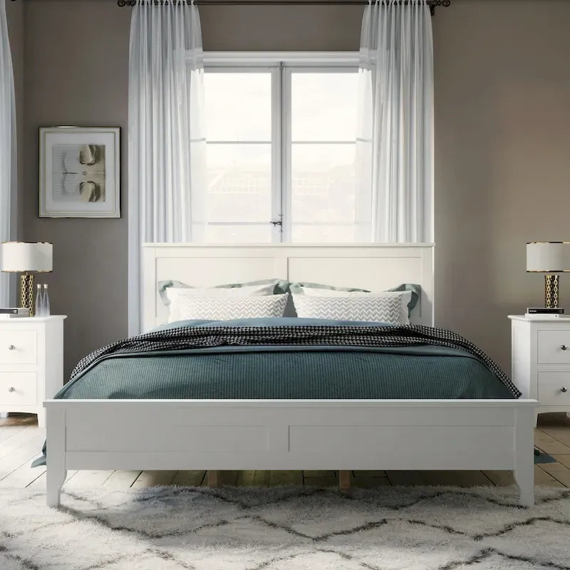Lit plateforme queen gris/blanc avec tête de lit, pour 1 à 2 personnes