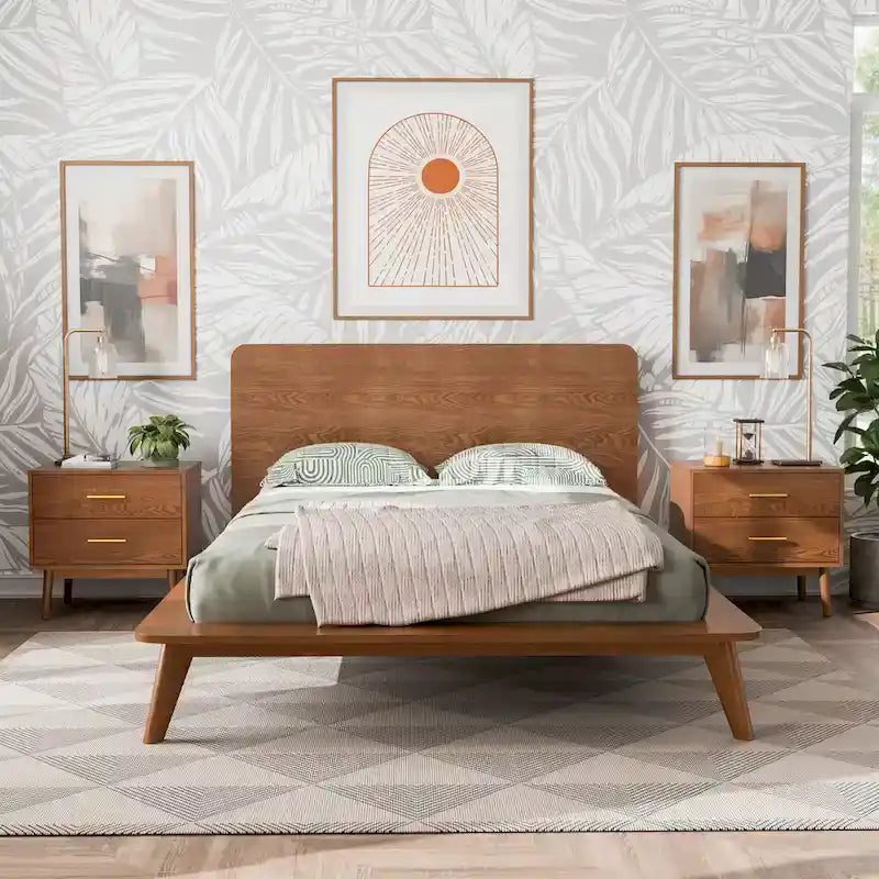 Lit plateforme profil bas Mid-Century Noyer – Queen / Full / King