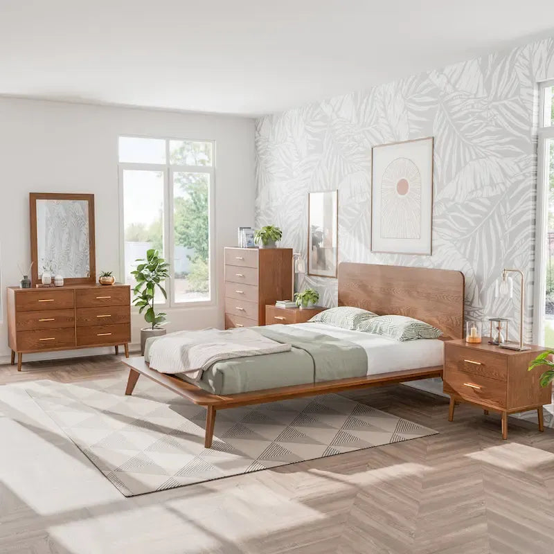 Lit plateforme profil bas Mid-Century Noyer – Queen / Full / King