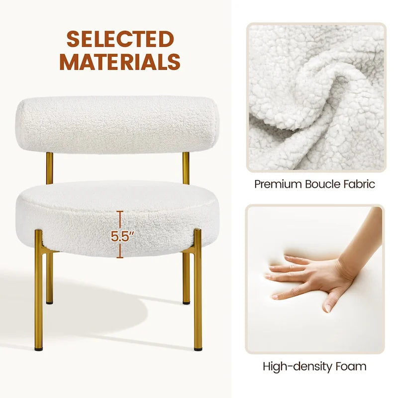 Fauteuil d'appoint rond en tissu bouclé blanc / noir / rose, pieds en métal doré, une place