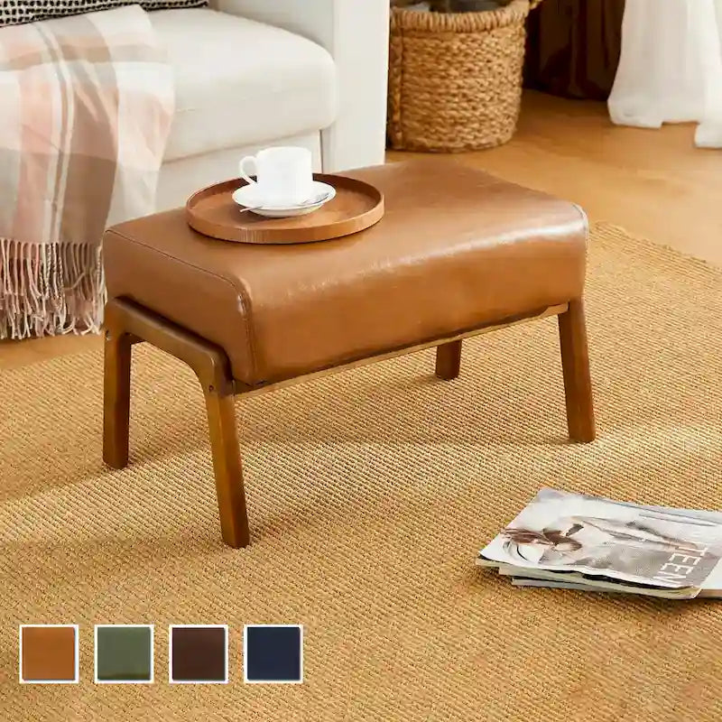Glitzhome 24.5 W Leatherette Accent Stool With Walnut Rubberwood Legs
