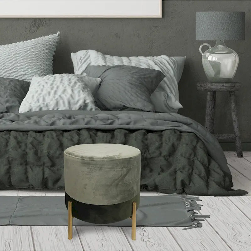 Tabouret Pouf Rond en Velours Gris avec Pieds en Métal, Siège Unique
