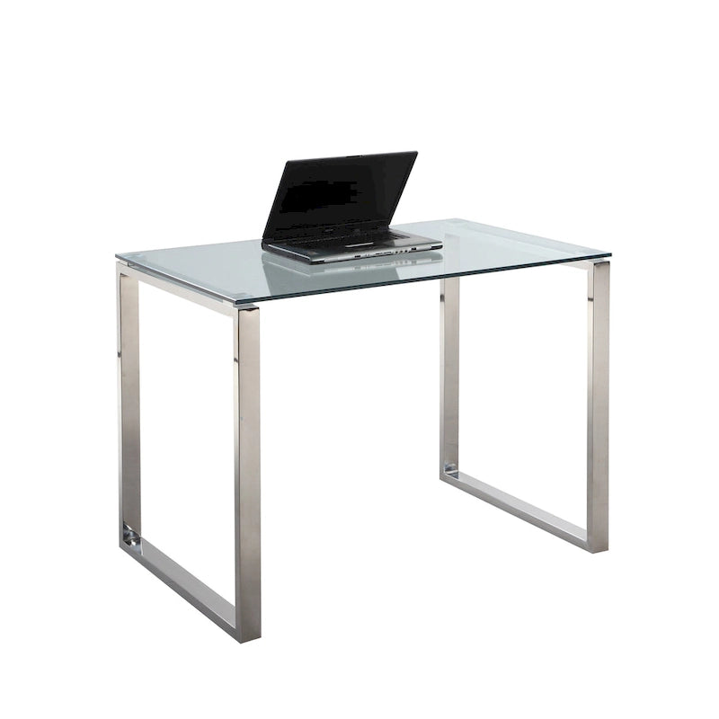 Bureau d'ordinateur en acier et verre clair, une personne
