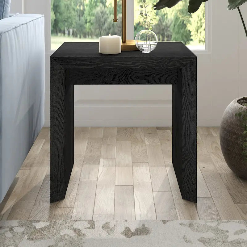 Table d'appoint rectangulaire de 56 cm de large – Chêne gris antique / Grain noir / Aulne blanc, piètement luge, montage par 1 personne