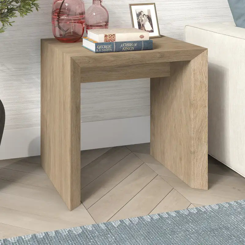 Table d'appoint rectangulaire de 56 cm de large – Chêne gris antique / Grain noir / Aulne blanc, piètement luge, montage par 1 personne