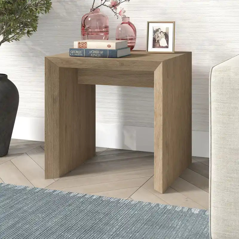 Table d'appoint rectangulaire de 56 cm de large – Chêne gris antique / Grain noir / Aulne blanc, piètement luge, montage par 1 personne