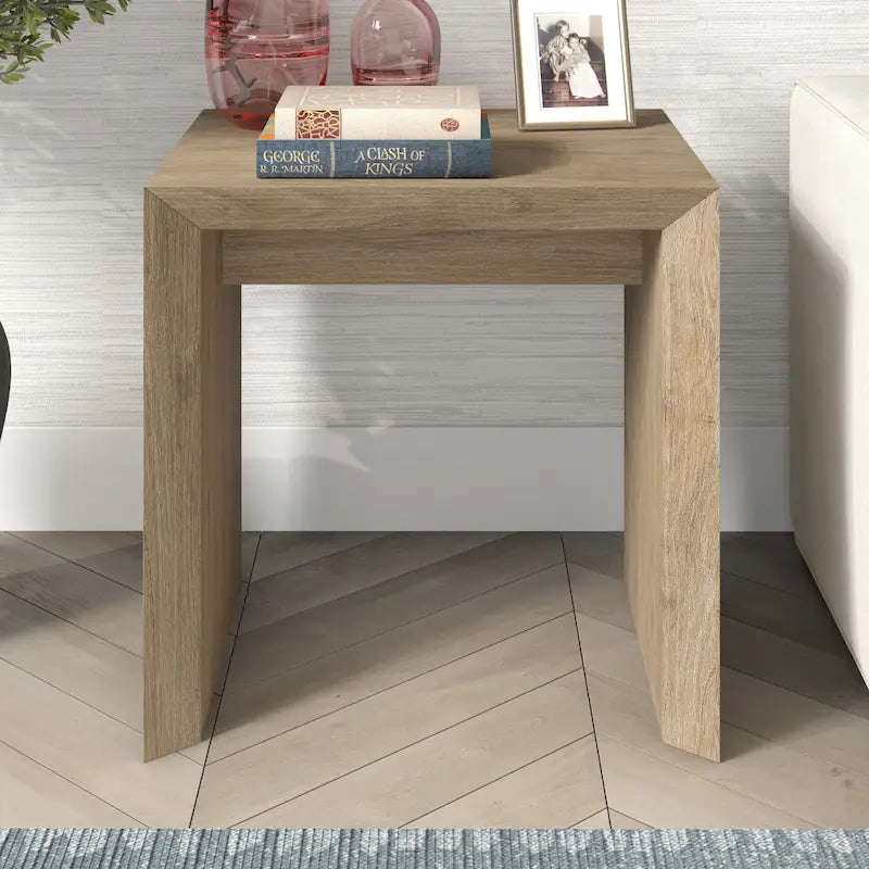 Table d'appoint rectangulaire de 56 cm de large – Chêne gris antique / Grain noir / Aulne blanc, piètement luge, montage par 1 personne