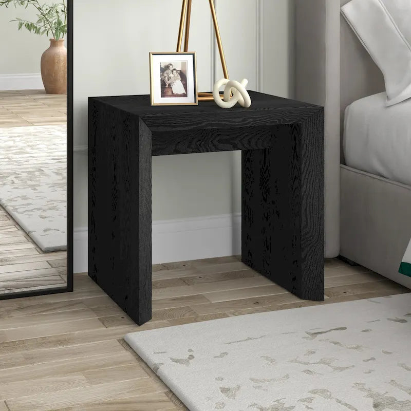 Table d'appoint rectangulaire de 56 cm de large – Chêne gris antique / Grain noir / Aulne blanc, piètement luge, montage par 1 personne