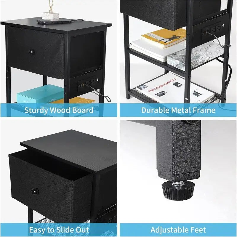 Table de chevet noire avec plateau en bois et station de recharge, simple