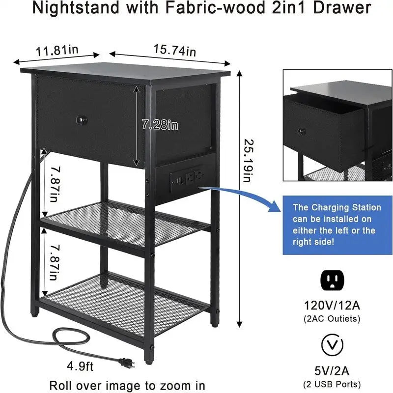 Table de chevet noire avec plateau en bois et station de recharge, simple