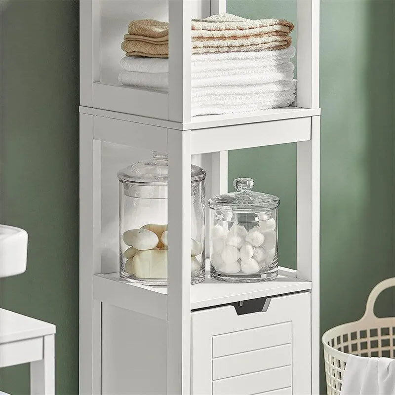Meuble de rangement haut et étroit blanc avec tiroirs et étagères