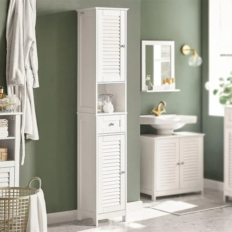 Meuble de rangement haut et étroit blanc avec tiroirs et étagères