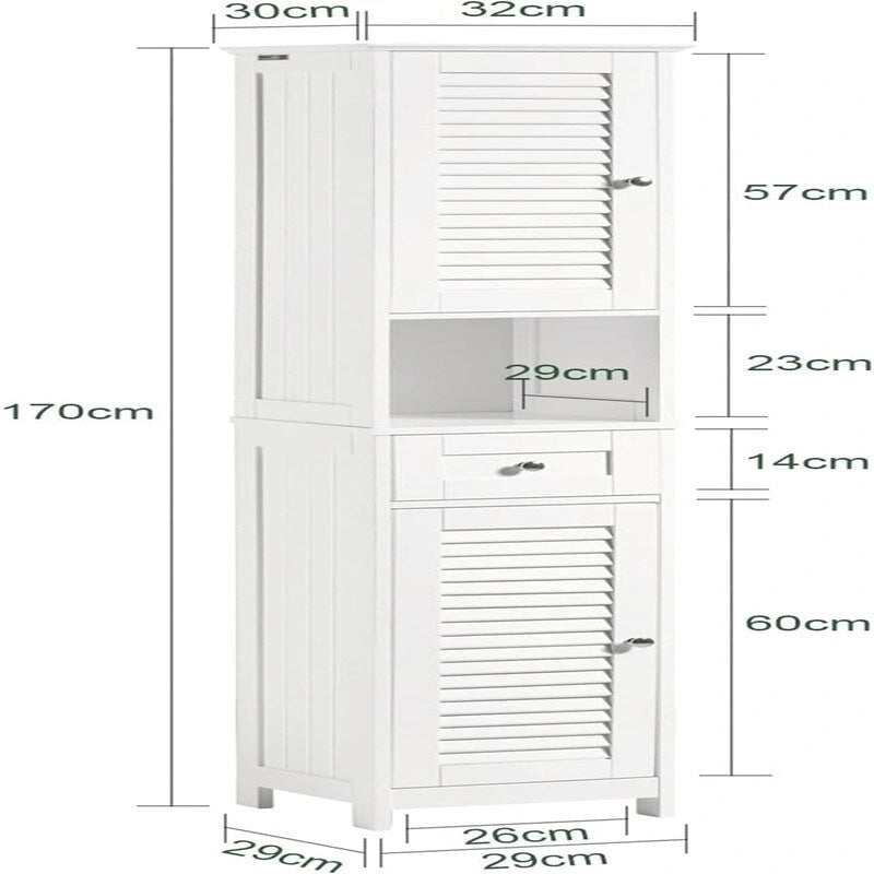 Meuble de rangement haut et étroit blanc avec tiroirs et étagères