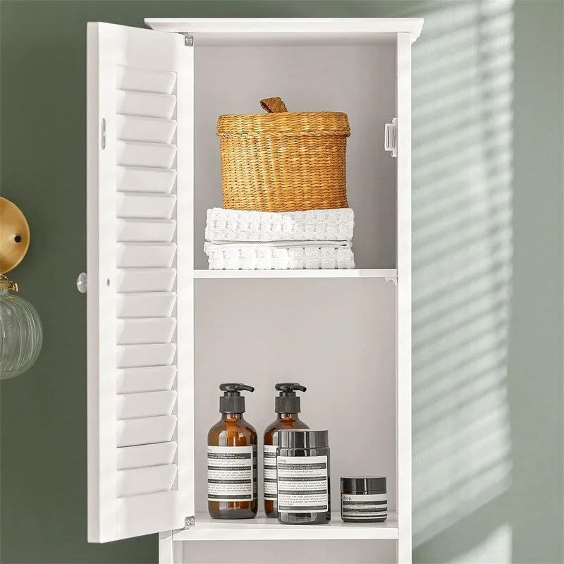 Meuble de rangement haut et étroit blanc avec tiroirs et étagères