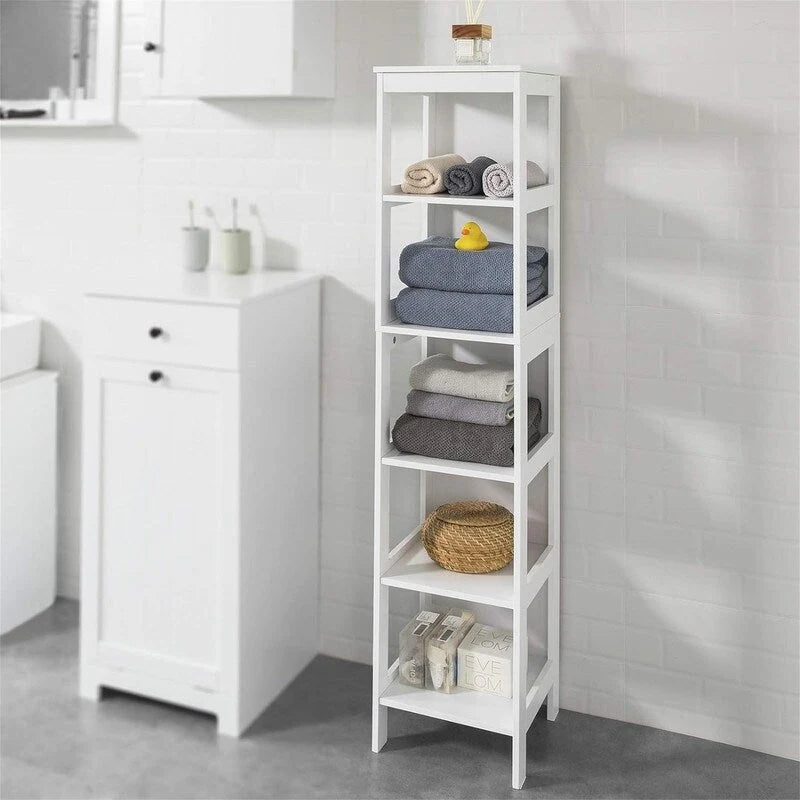 Meuble de rangement haut et étroit blanc avec tiroirs et étagères