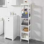 Meuble de rangement haut et étroit blanc avec tiroirs et étagères