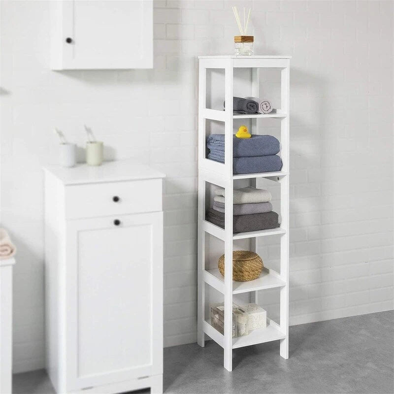 Meuble de rangement haut et étroit blanc avec tiroirs et étagères
